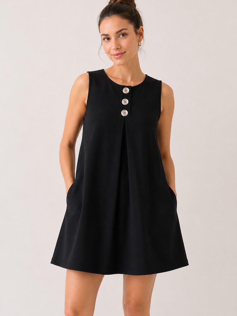 Michael Kors Black Sleeveless Babydoll Dress Large | Silver Button Detail